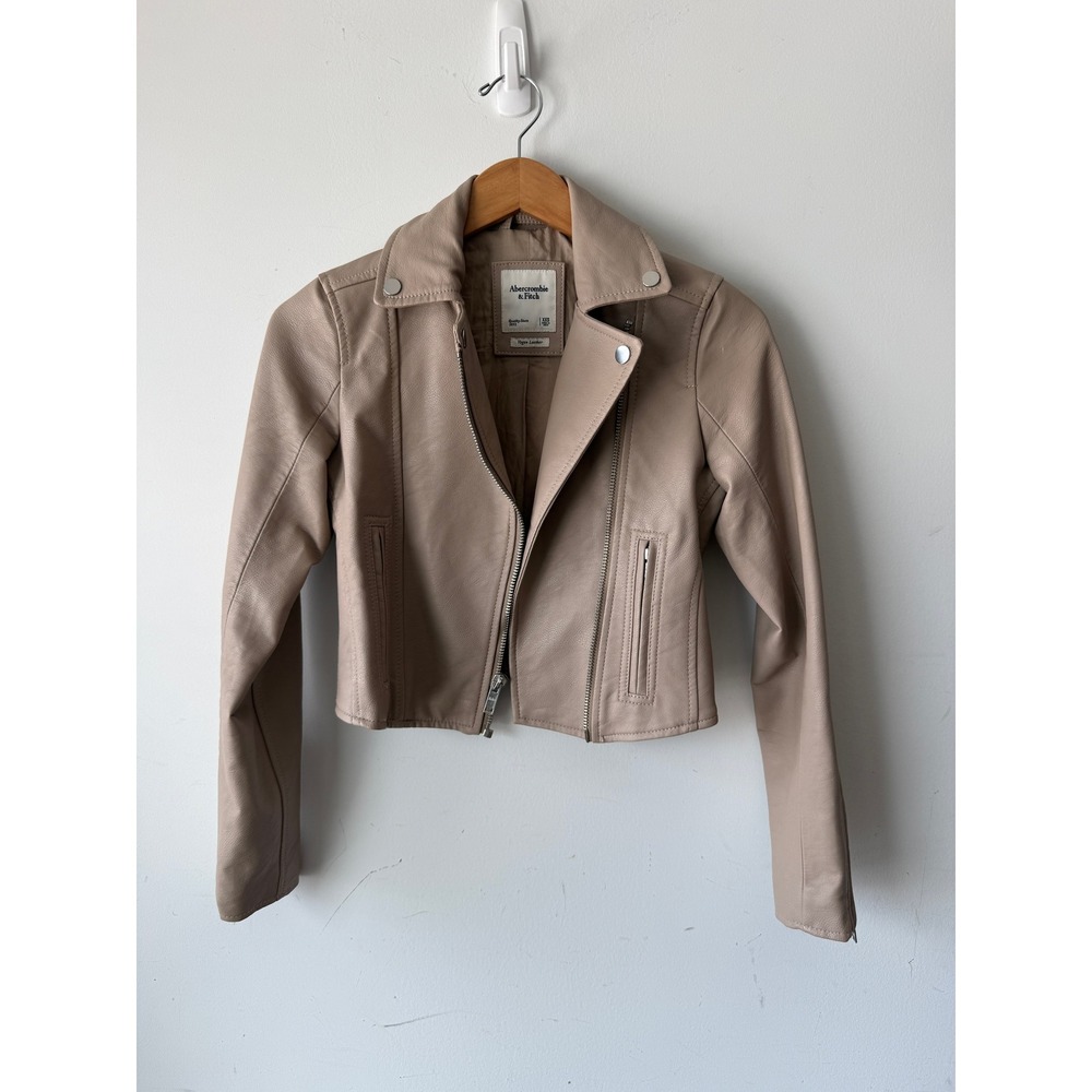 Abercrombie & Fitch Vegan Women Leather Moto Jacket Tan Beige Cropped XXS